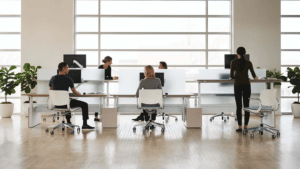 sit/stand desk in healthy workspace
