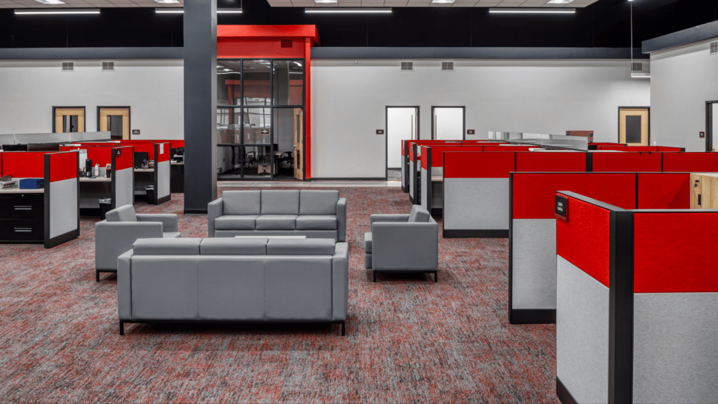 office branding with red cubicals