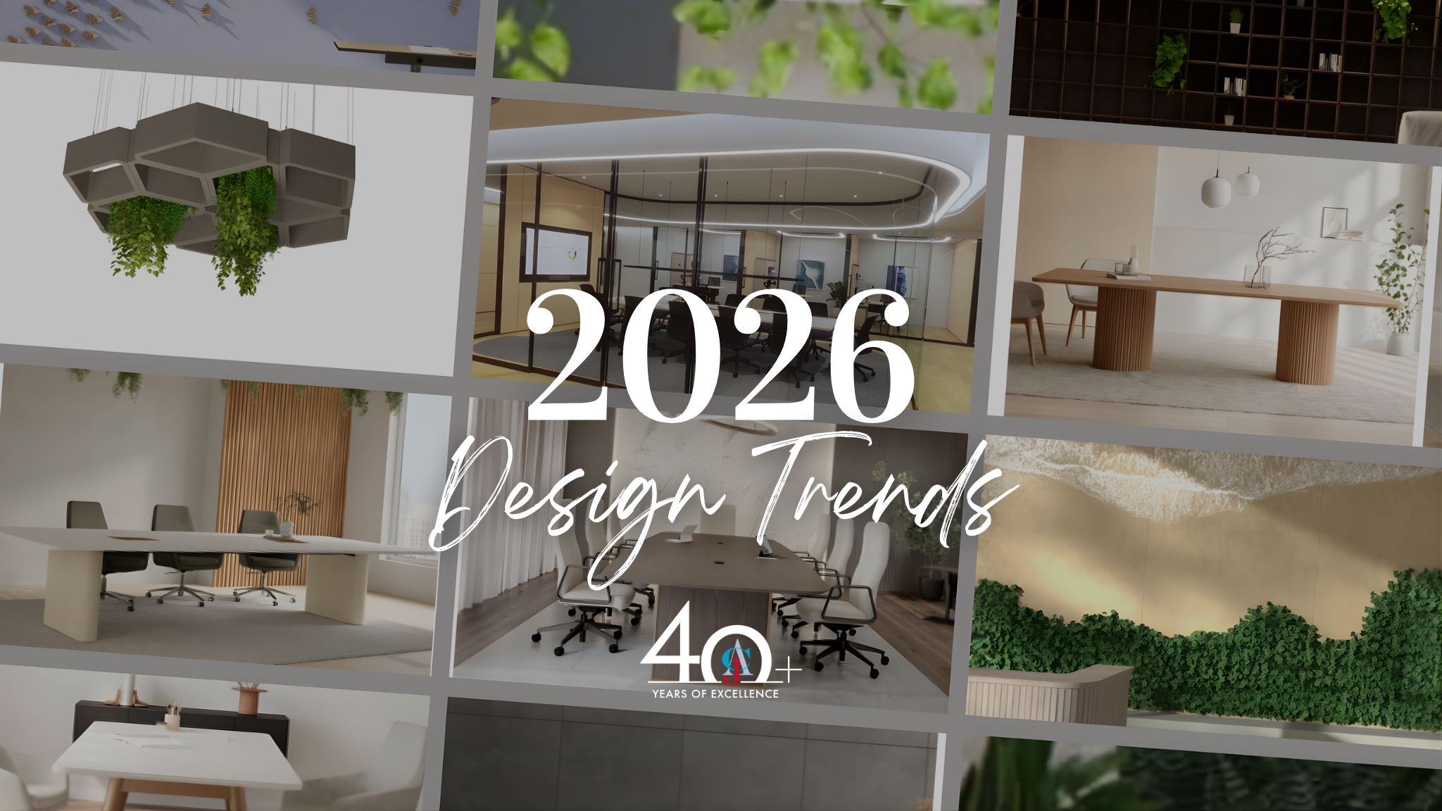 2026 commercial interior design trends in Wisconsin featuring tambour wood walls, curved glass office partitions, biophilic moss walls, and modern workplace furniture.