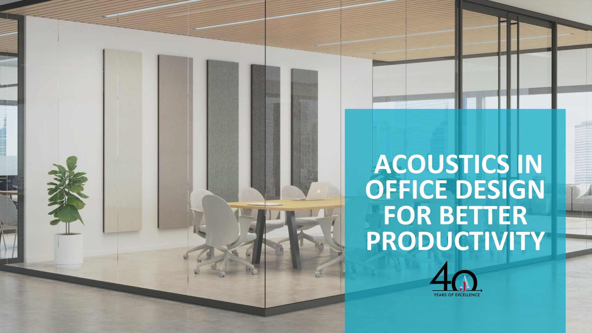 Office space featuring acoustics improvement elements such as sound-absorbing panels, partitions, and carefully placed furniture designed for reducing noise and enhancing productivity.