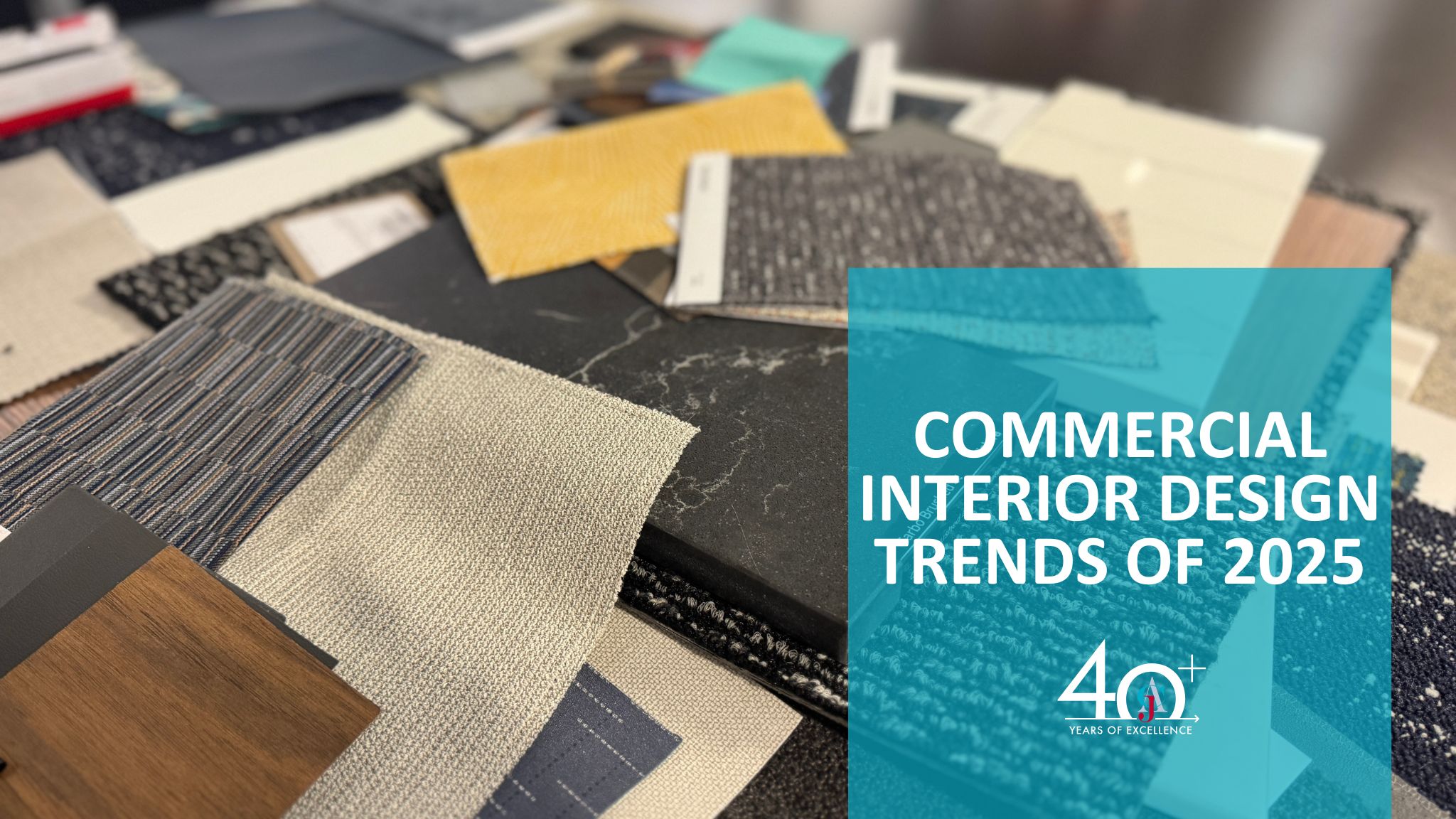 Fabric swatches laid out for CJ & Associates’ 2025 commercial interior design project in Wisconsin, highlighting sustainable and colorful materials.