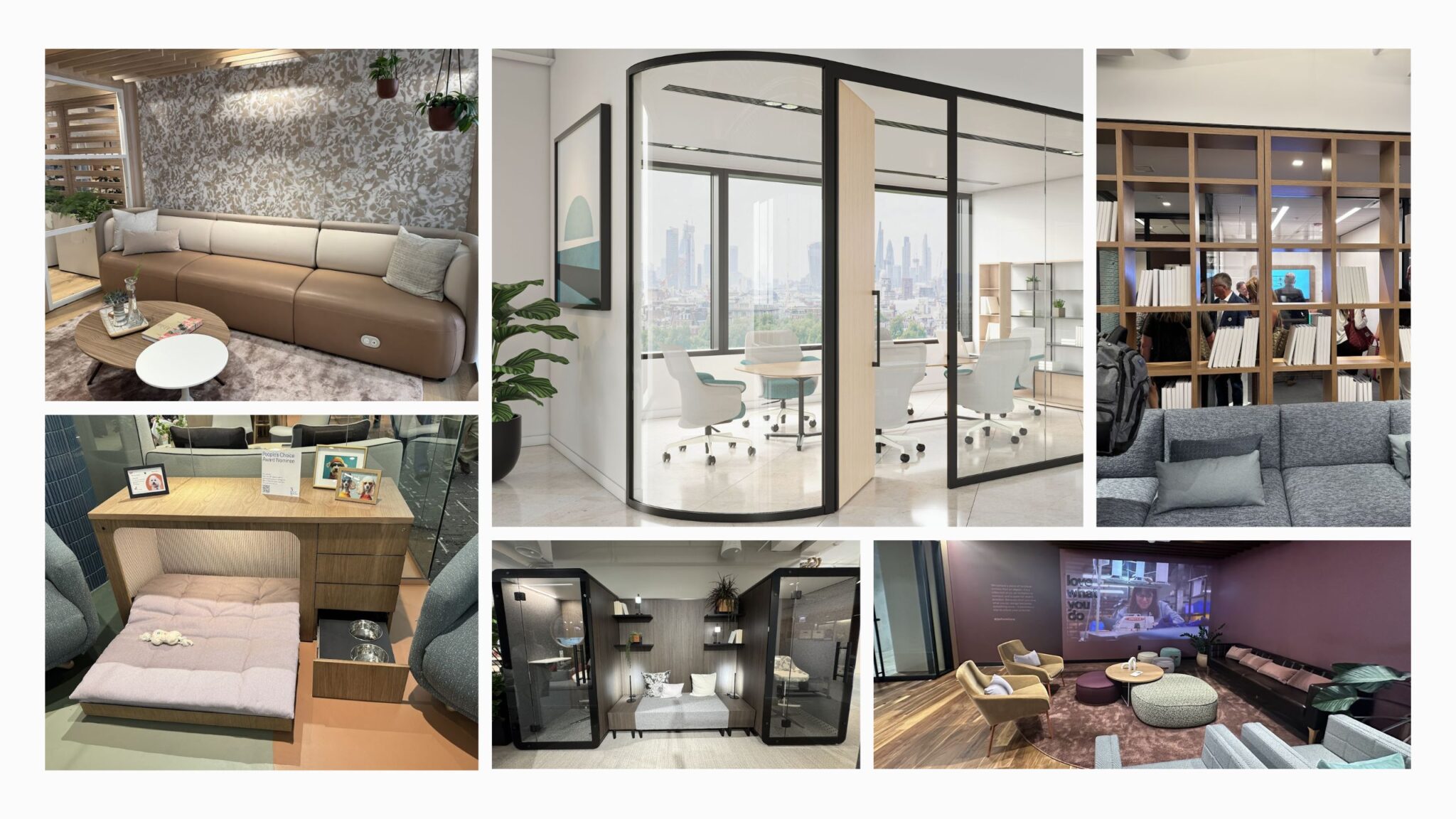 Collection of innovative commercial interior design highlights from NeoCon and Design Days 2025, including resimercial lounge seating, glass privacy pods, pet-friendly office furniture, acoustic work booths, and collaborative lounge zones