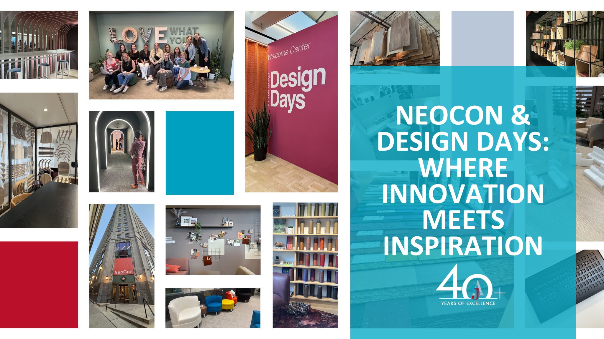 Collage of CJ & Associates team at NeoCon and Design Days 2025 featuring product displays, materials, textures, lighting, and commercial interior design inspiration with the text ‘Where Innovation Meets Inspiration.