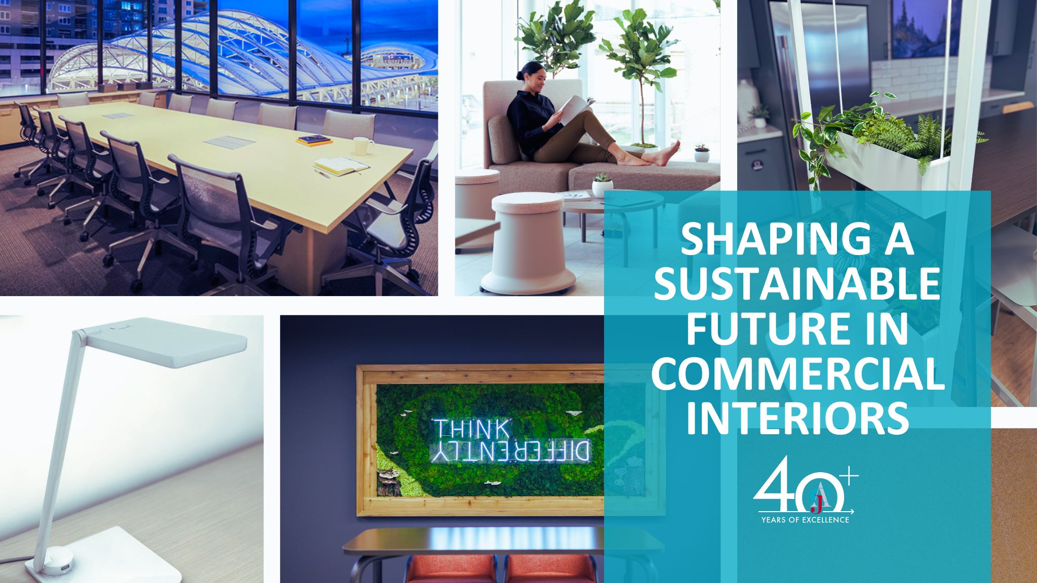 Collage of sustainable interior elements including eco-friendly lighting, biophilic design features, and furniture.