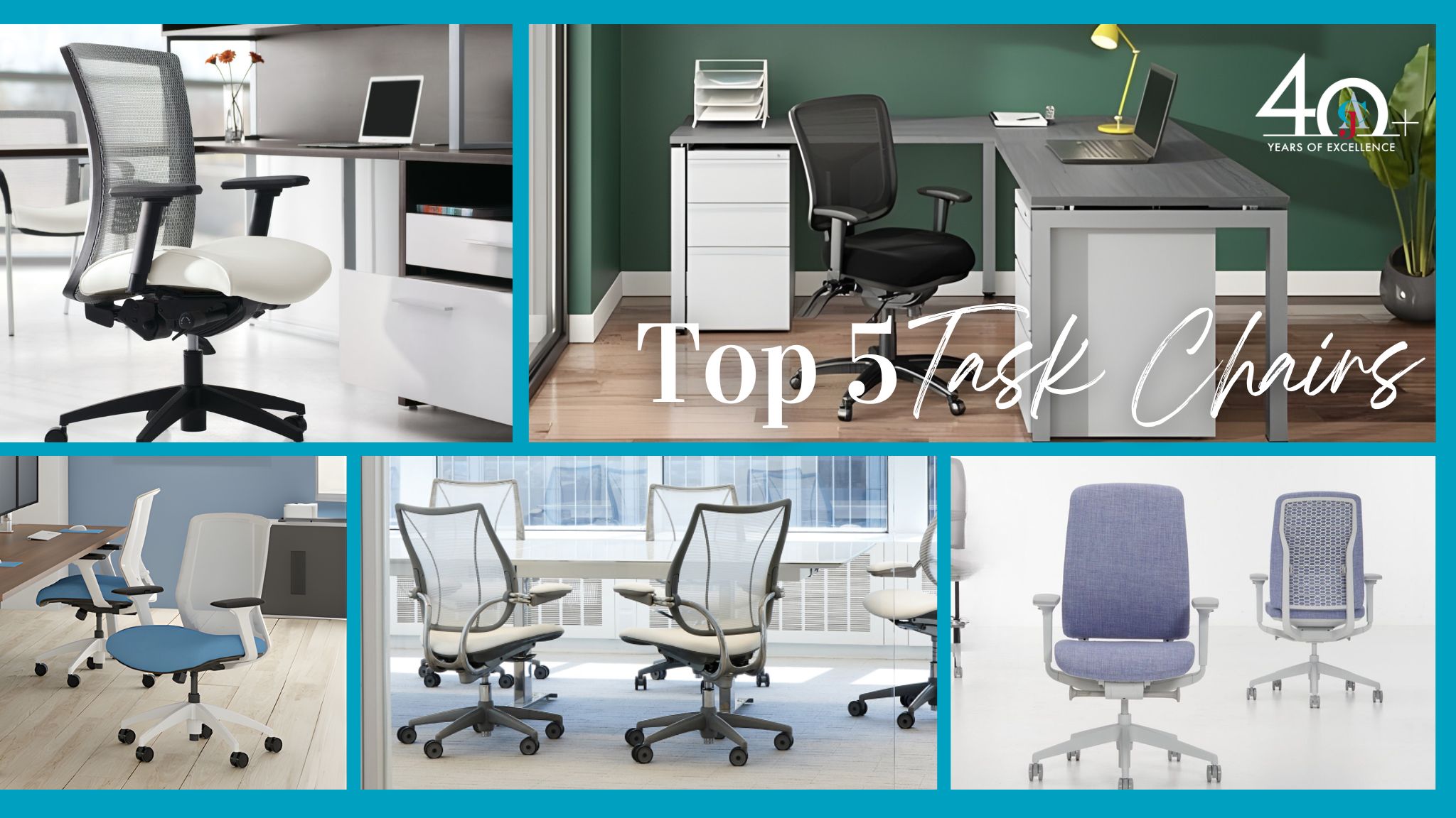 Top five task chairs recommended by CJ & Associates including Global Vion, Storlie Cool Mesh, 9to5 Seating Neo Lite, Teknion Around, and Humanscale Liberty.