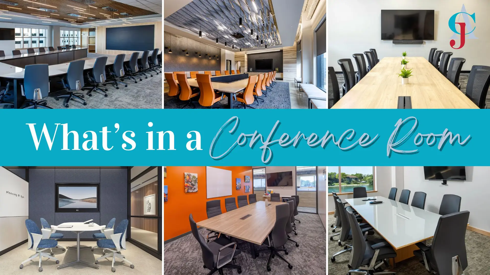 Conference room design ideas featuring six business meeting spaces with different tables, seating, lighting and video displays by CJ & Associates, serving Milwaukee, Madison and Wisconsin businesses.